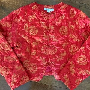 INDO-CHIC Silk Red On Gold Dragon Jacquard Diamond Quilted Bedjacket.
